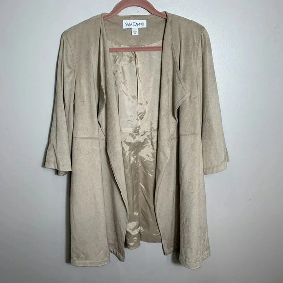 Sara Campbell Faux Suede Open Front Beige Cardigan Jacket Size Small 3/4 sleeves - Picture 1 of 9